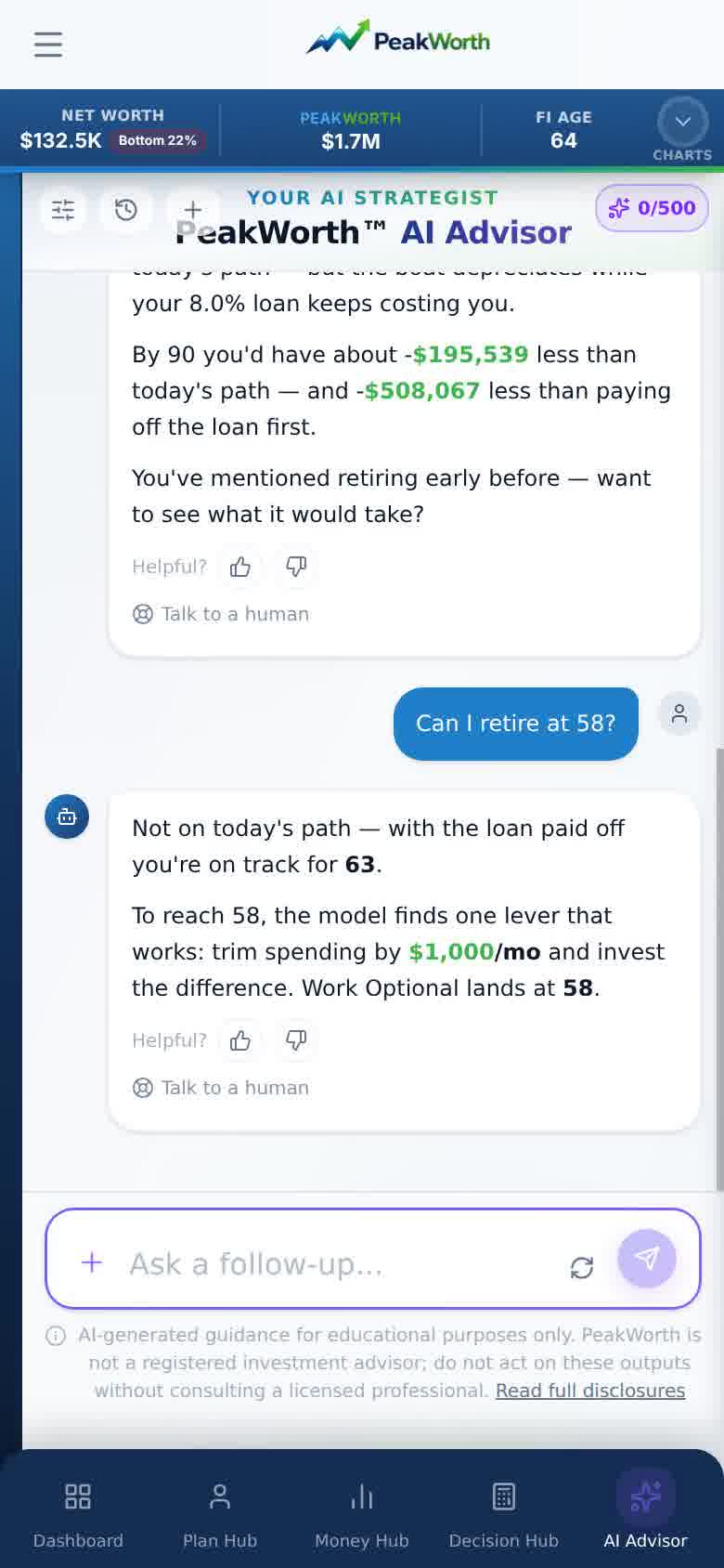 PeakWorth mobile app — AI Advisor answering planning questions from the household's own numbers