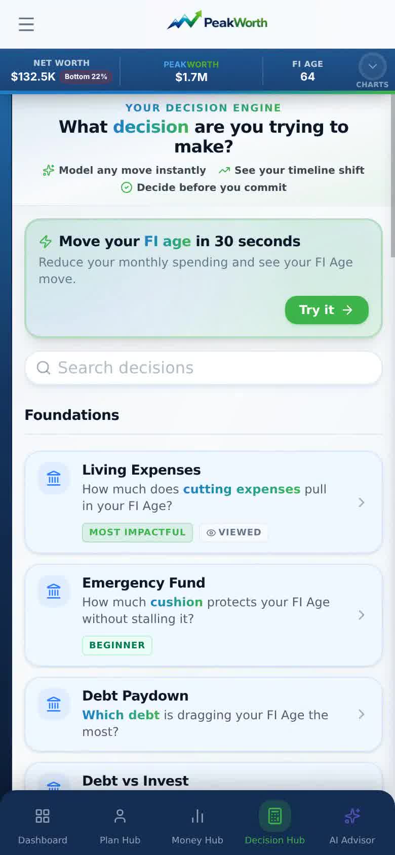 PeakWorth mobile app — Decision Engine showing the Work Optional and lifetime-wealth impact of each choice