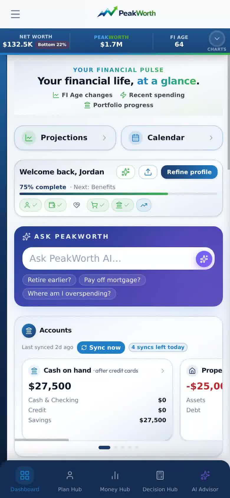 PeakWorth mobile app — guided setup from sign-up to a first Work Optional projection